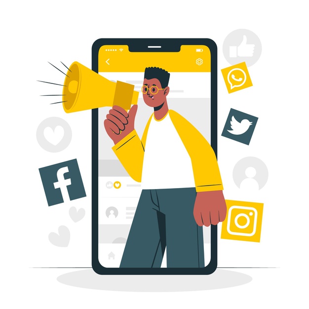 Animated man holding a megaphone with social media icons around him