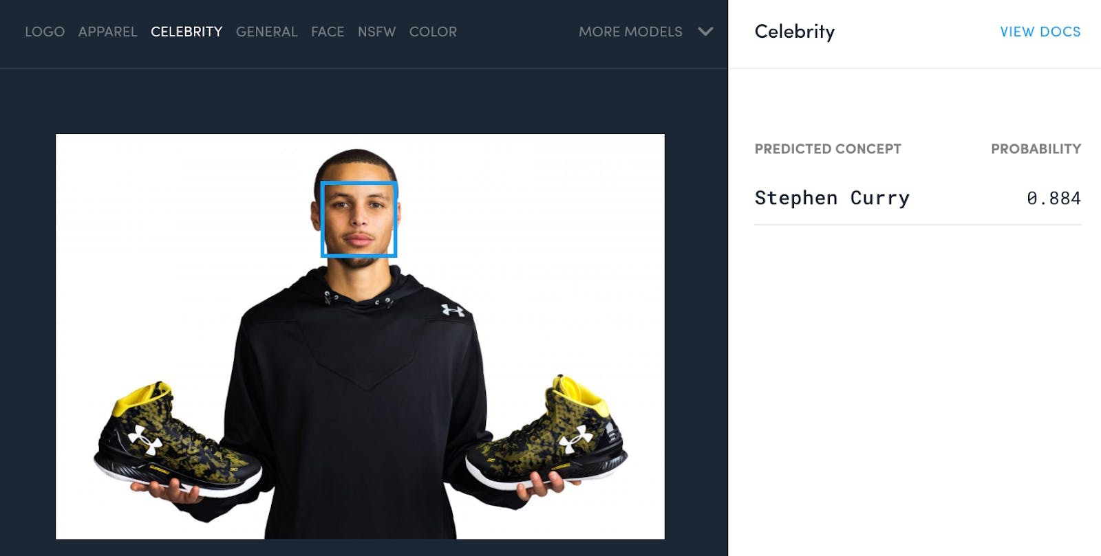 Stephen Curry holding a pair of sneakers