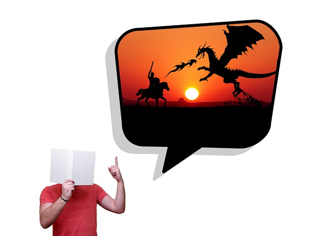 Person holding a paper in front of his face telling a story about a person fighting a dragon