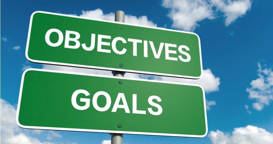 Green signs with words objectives and goals