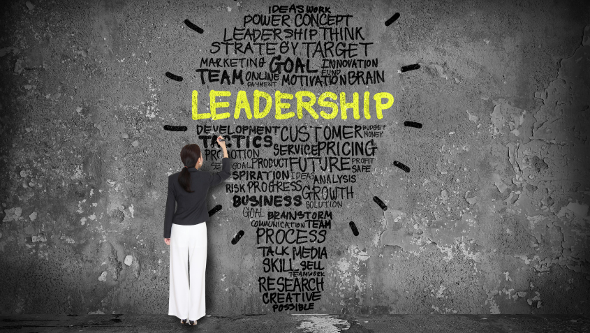 Woman writing different things on the wall with the word leadership in yellow font color