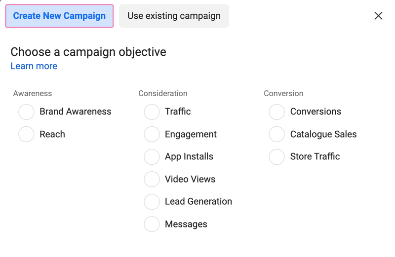 Campaign objectives example on Facebook