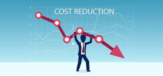 Representation of cost reduction through a man holding an arrow directing downward