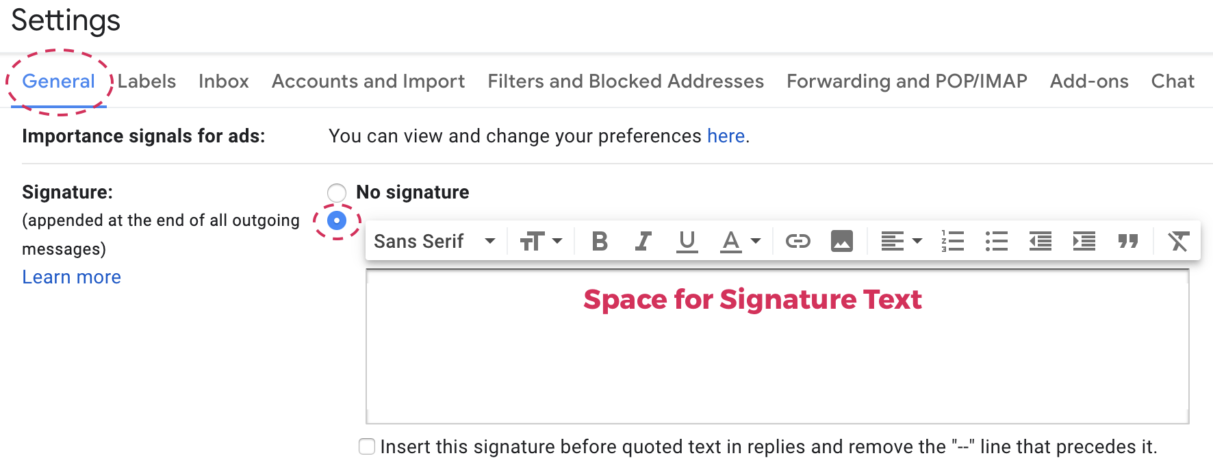 How to add signature in Gmail screenshot example