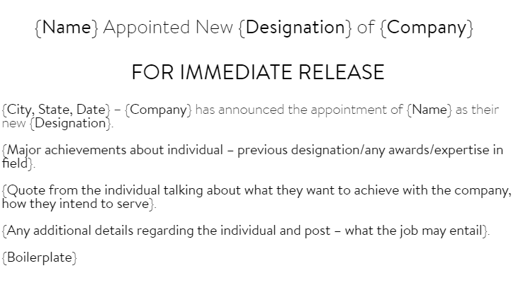 Blank sample of new hire announcement Press release template