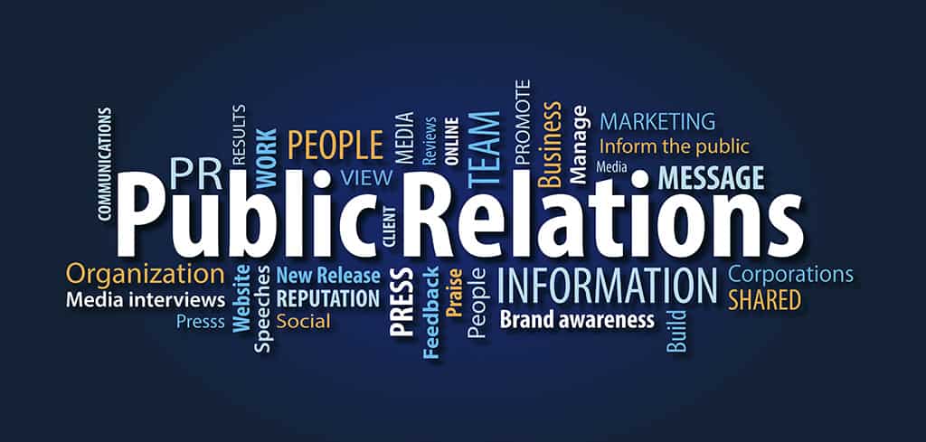 Public Relations word surrounded by other words related to PR