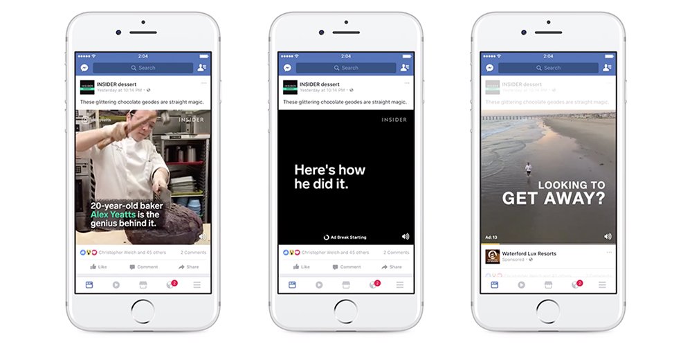 3 iPhones showing Facebook video ads