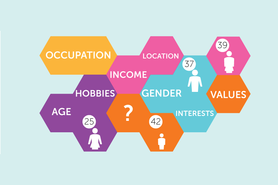 Age, interests, values, hobbies, income, location, occupation, gender