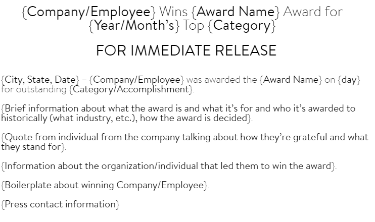 Blank sample of award announcement Press release templates