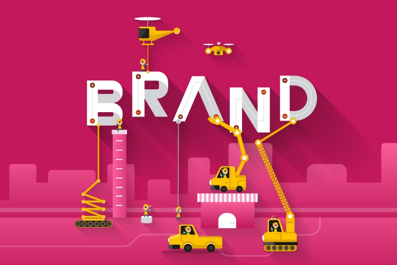 Digital illustrations of mechanical machines fixing and repositioning the word 'BRAND'