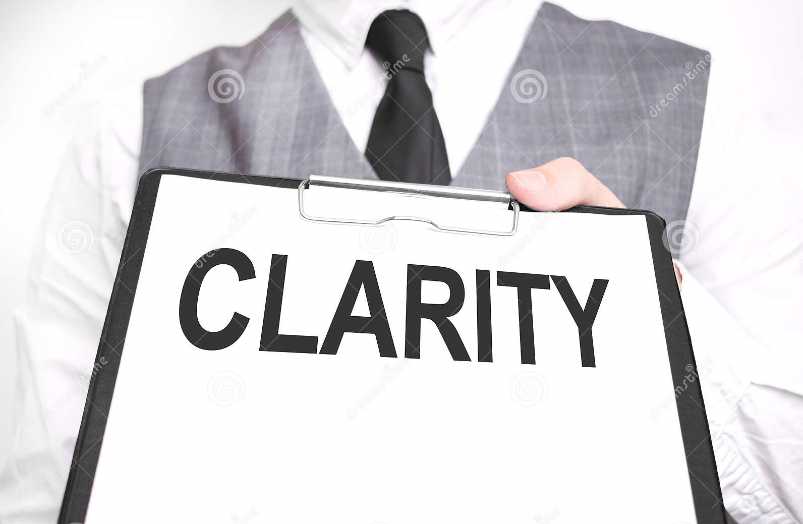 A guy holding a clipboard with the word 'clarity' on it