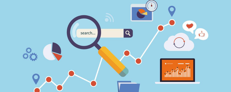Magnifying glass on search bar with other SEO icons
