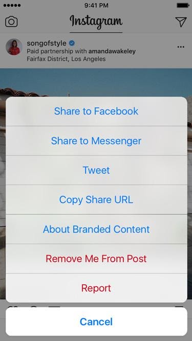 Post settings, share to Facebook, Messenger, Twitter, copy URL, about branded content, remove me from the post, report, and cancel