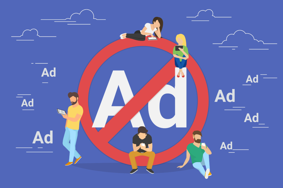 People surrounding a word 'Ad' with a canceled mark on it