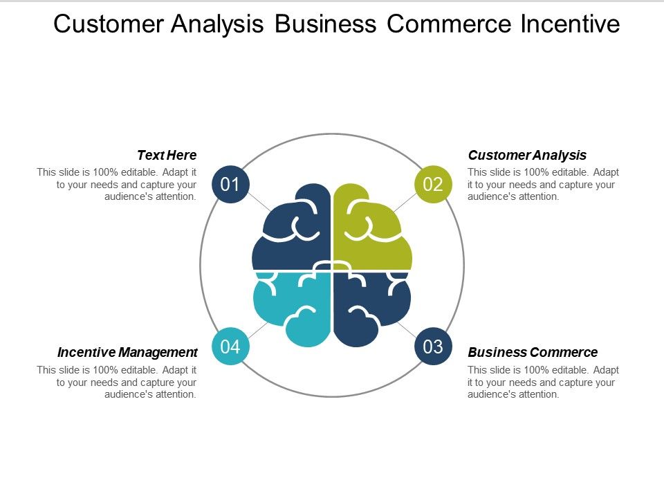 Customer analysis business commerce incentive above a brain with 4 different sections