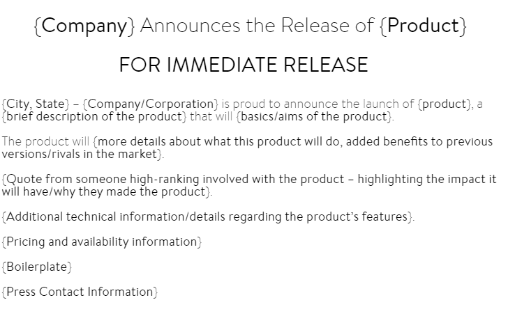Blank sample of product Press release template