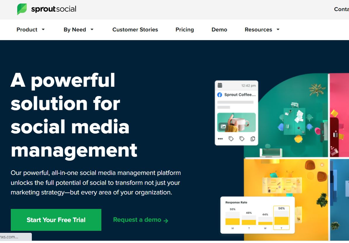 Screenshot of the SproutSocial homepage with a navigation bar at the top and a green free trial button