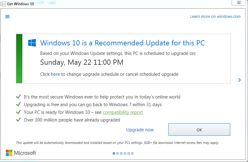 Screenshot of Windows 10 upgrade notice using bait-and-switch