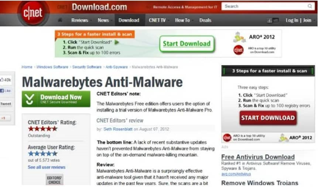 Screenshot of a CNET page featuring Malwarebytes Anti-Malware