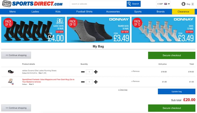 Screenshot of checkout page of SportsDirect.com, with Adidas shoes, magazine and mug as orders