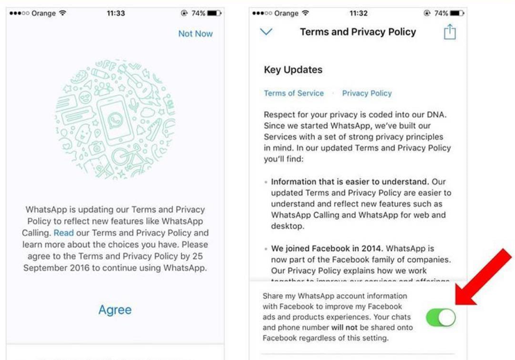 Screenshots of WhatsApp’s Terms and Privacy Policy, with a red arrow pointing to an enable button