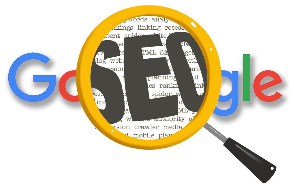 Google logo with magnifying glass and SEO