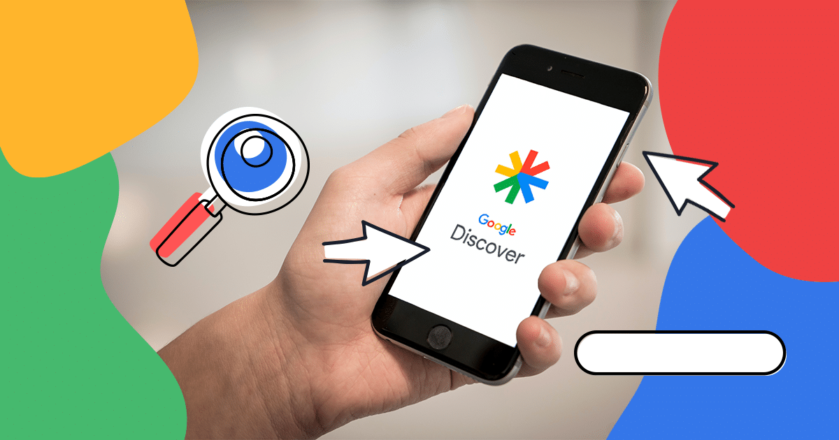 A hand holding a phone using a google discover and magnifying glass and arrows