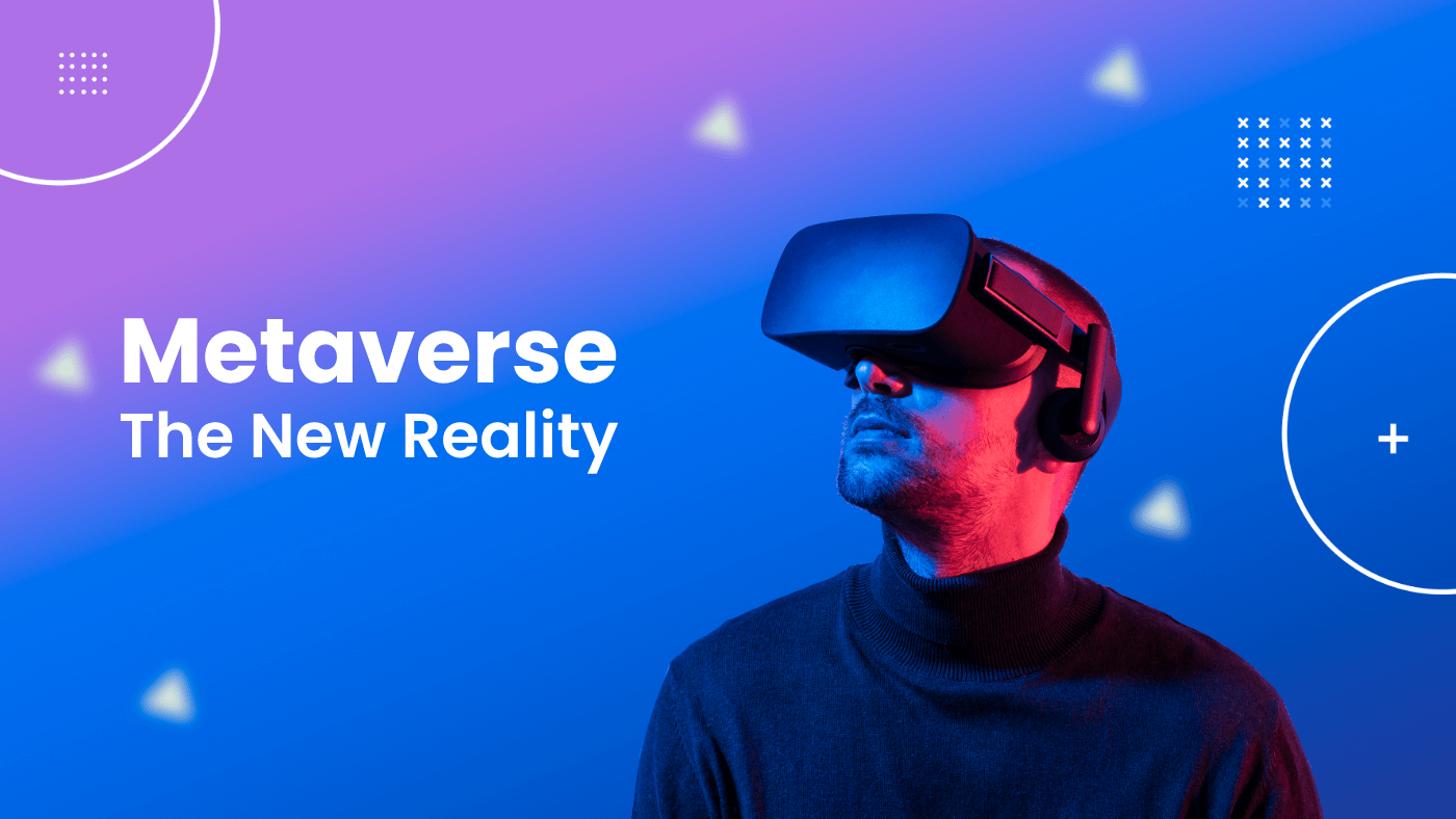 A man wearing VR glasses looking up with words Metaverse The new reality