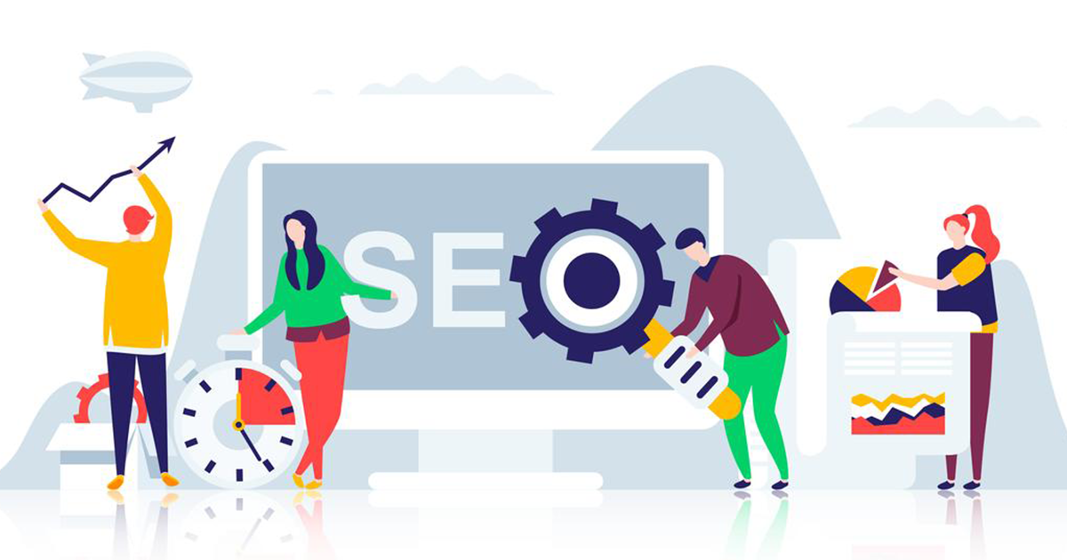 SEO in a monitor, a man holding an arrow, a girl in a clock, a girl holding a pie graph