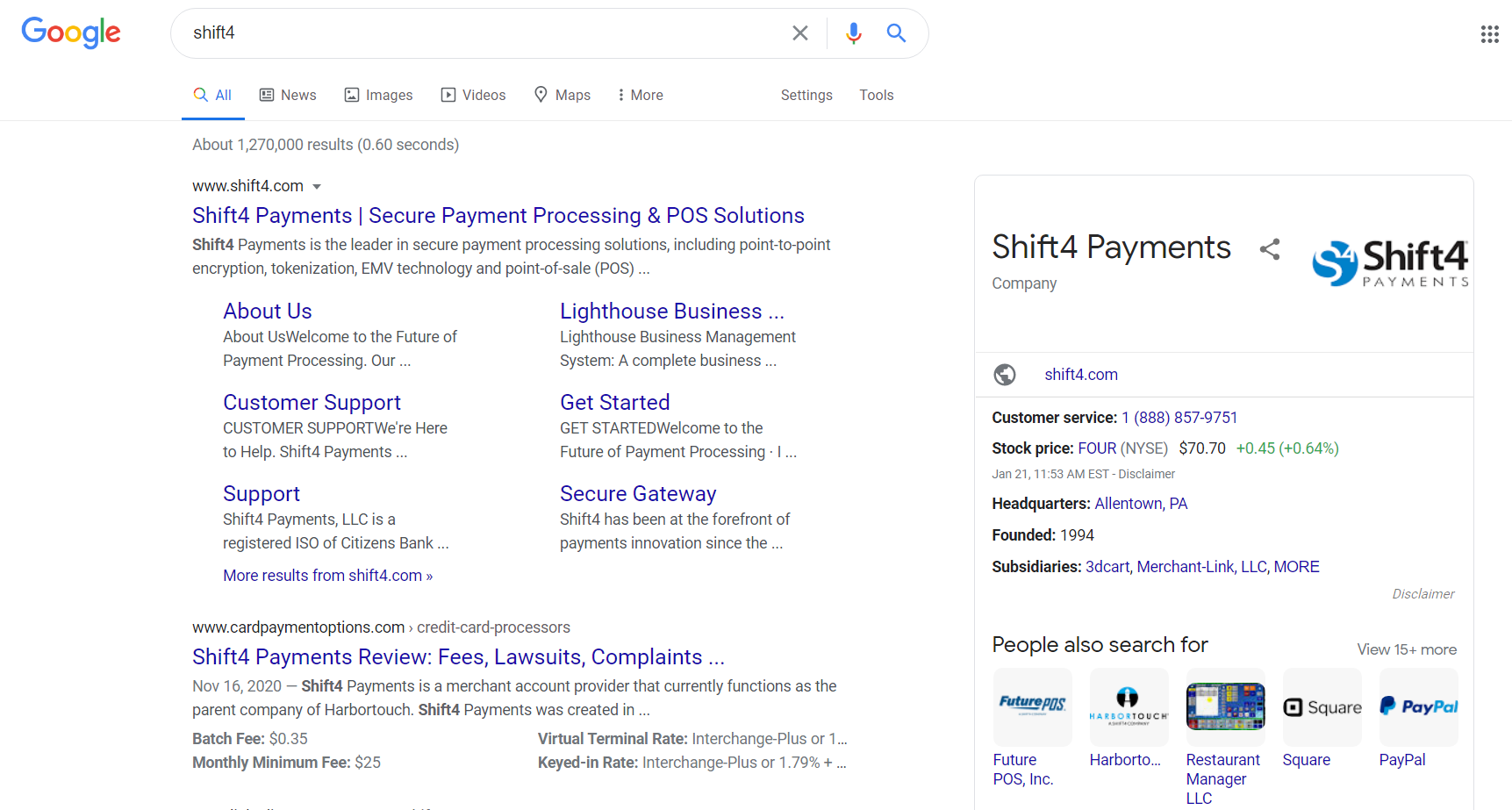 Shift4 serp on search in google