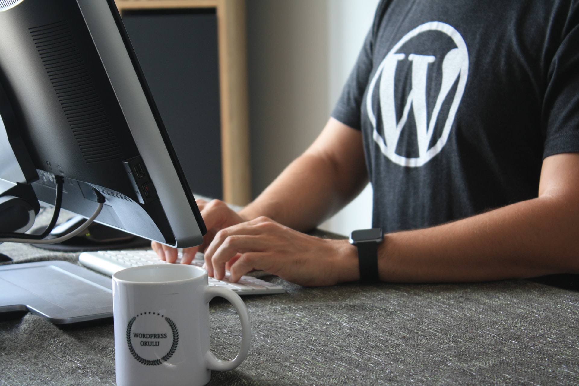 Male WordPress blogger in black T-shirt with WordPress logo in white blogging via desktop