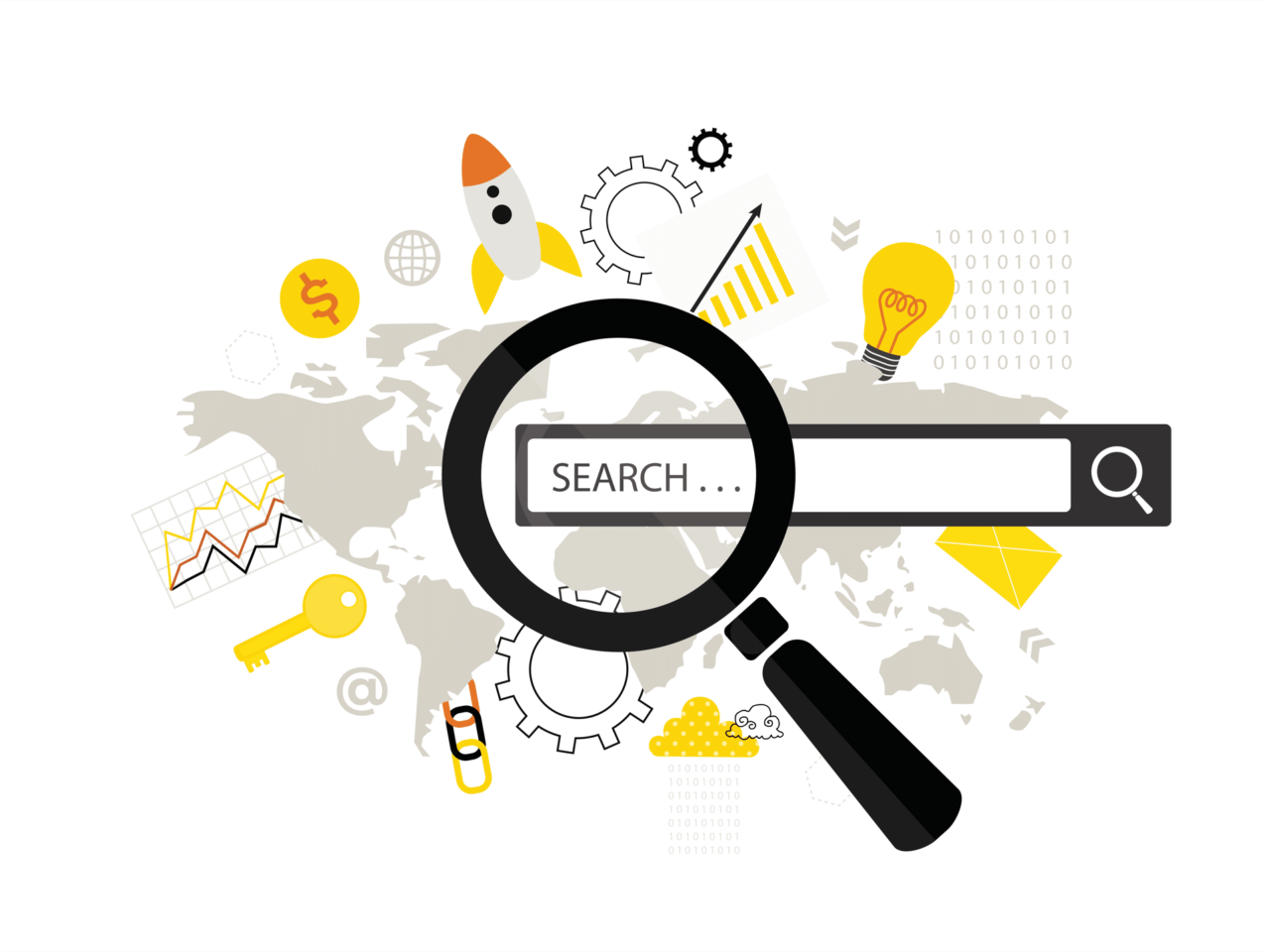 Map, graph, rocket, key, light bulb, search bar and magnifying glass