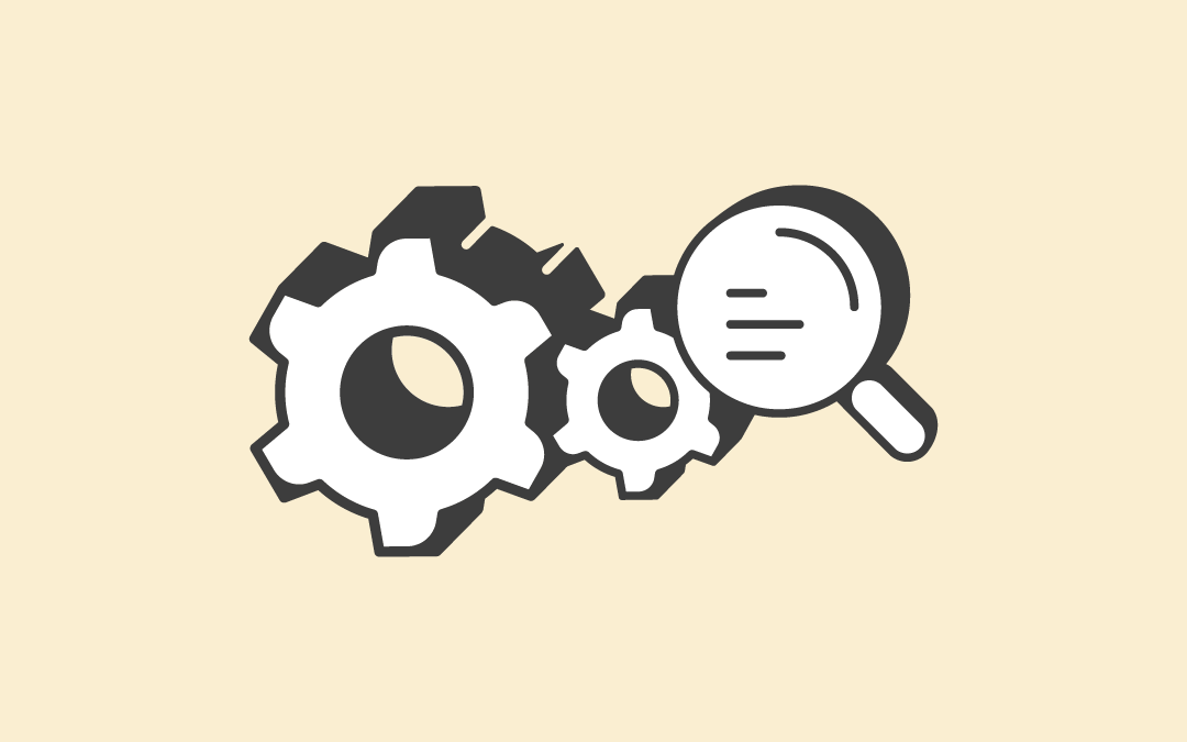 Two gear icons and magnifying glass
