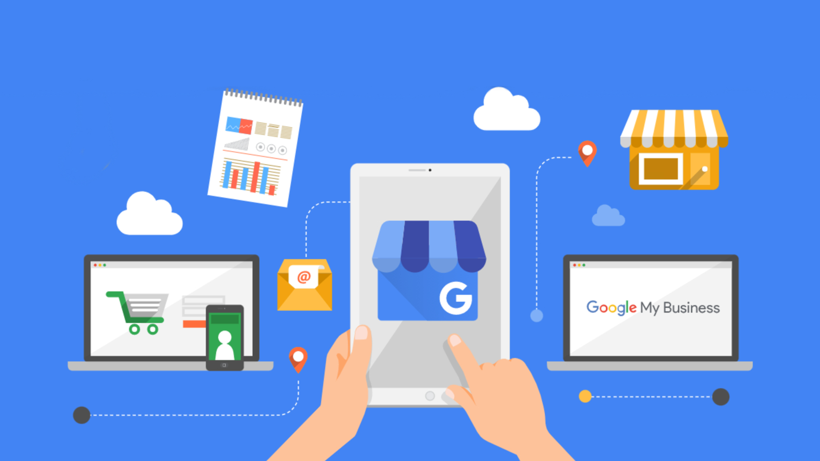 Google My Business logo on tablet and laptop with stores papers, and shopping carts