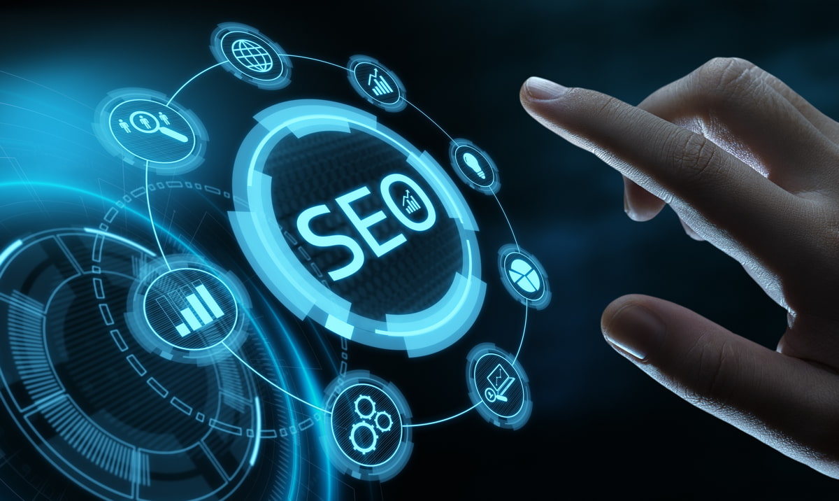 Seo with bar graph, globe, gear icons, pie graph, bulb, and a hand