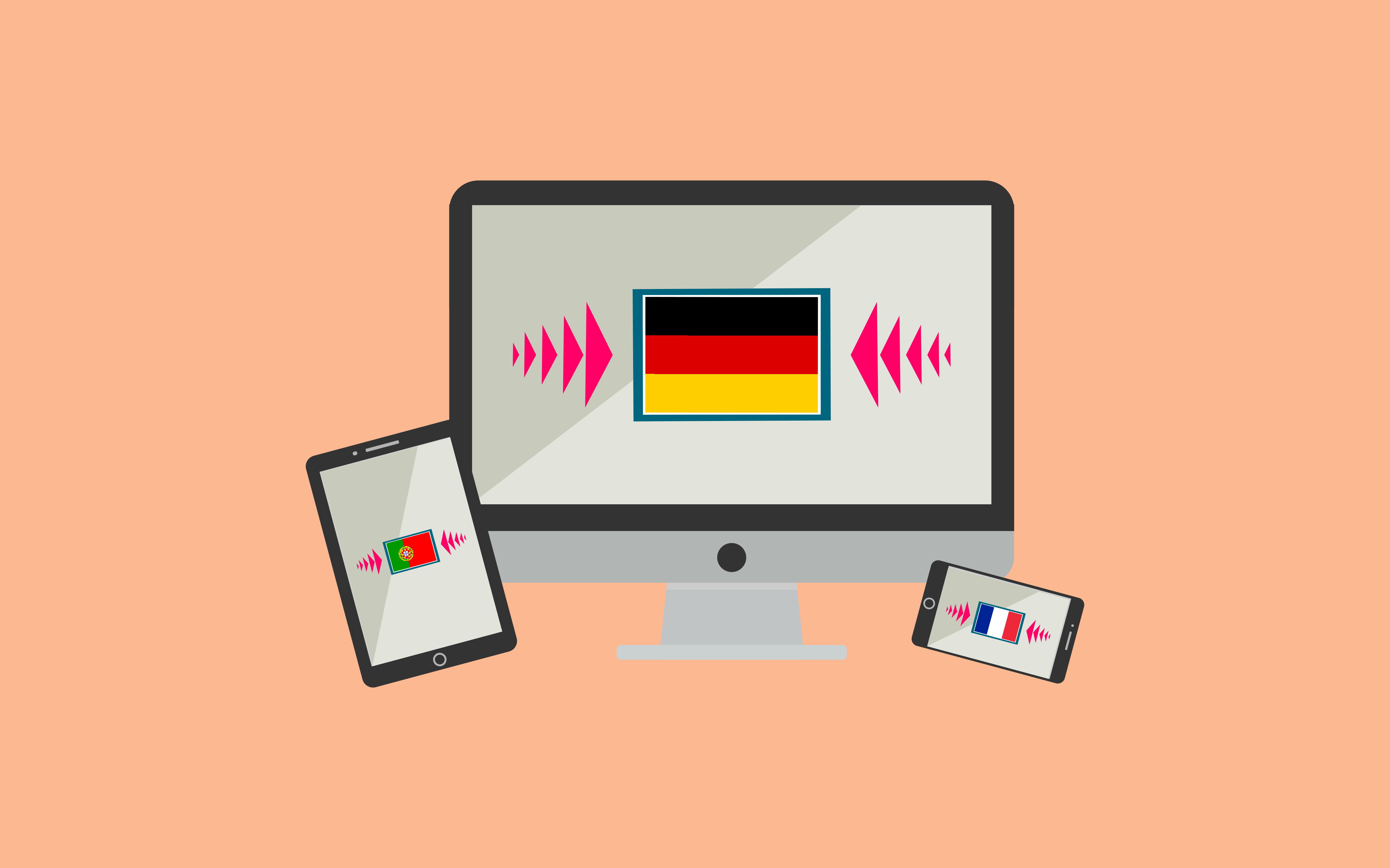 Germany flag in a monitor, Portugal flag on a tablet, and France flag on a phone