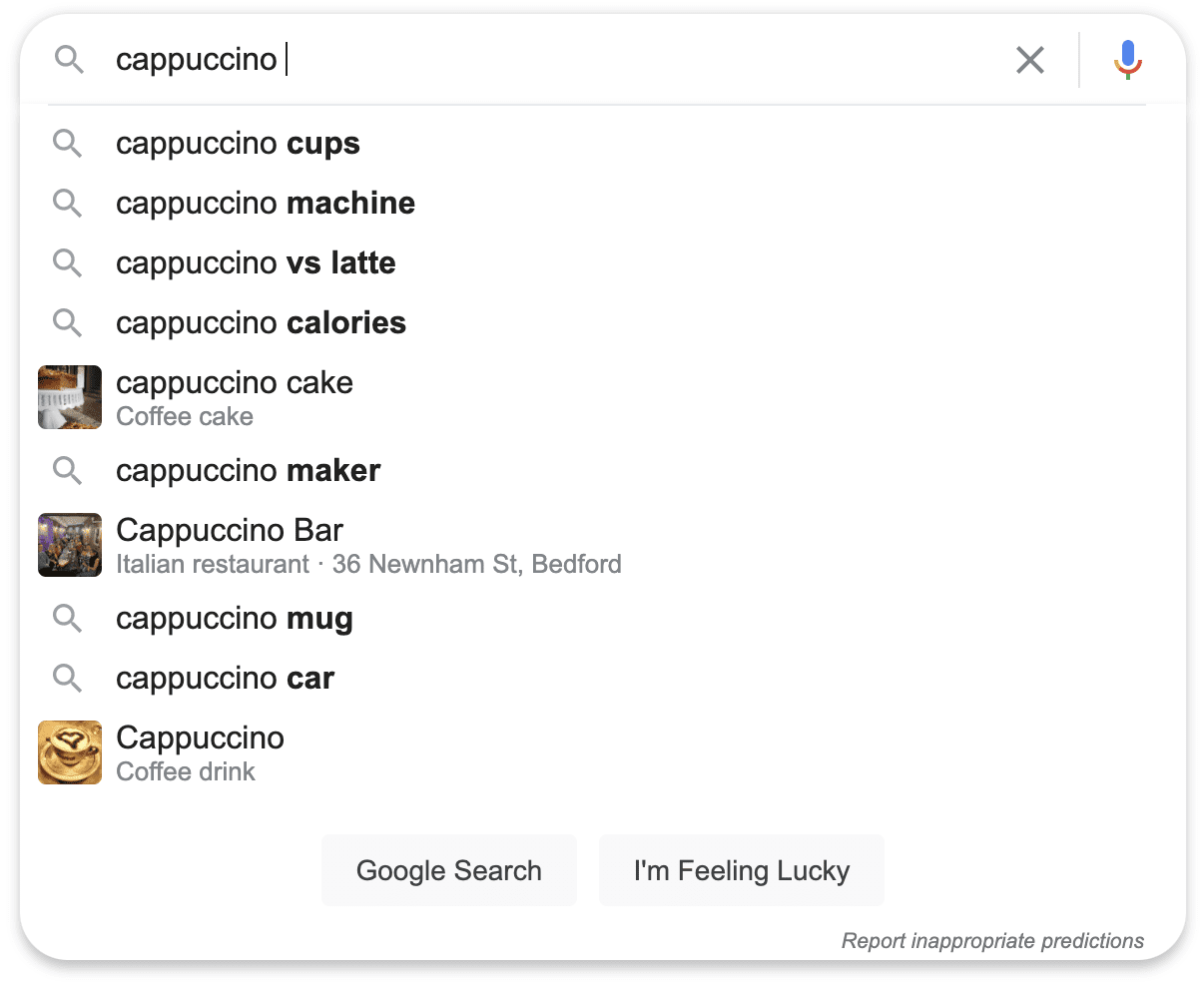 Cappuccino results on Google search bar