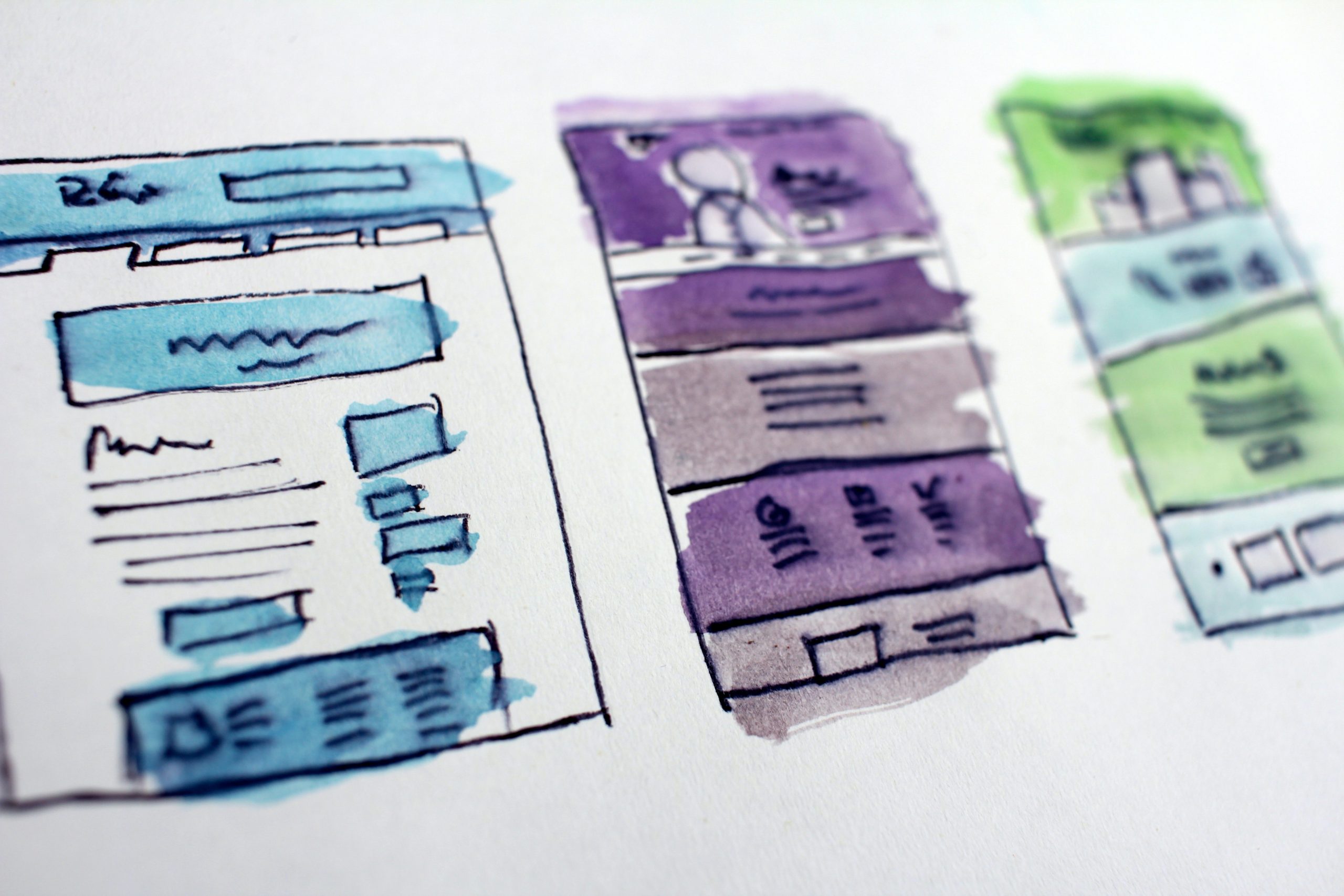 Three drawings of website structure with different colors