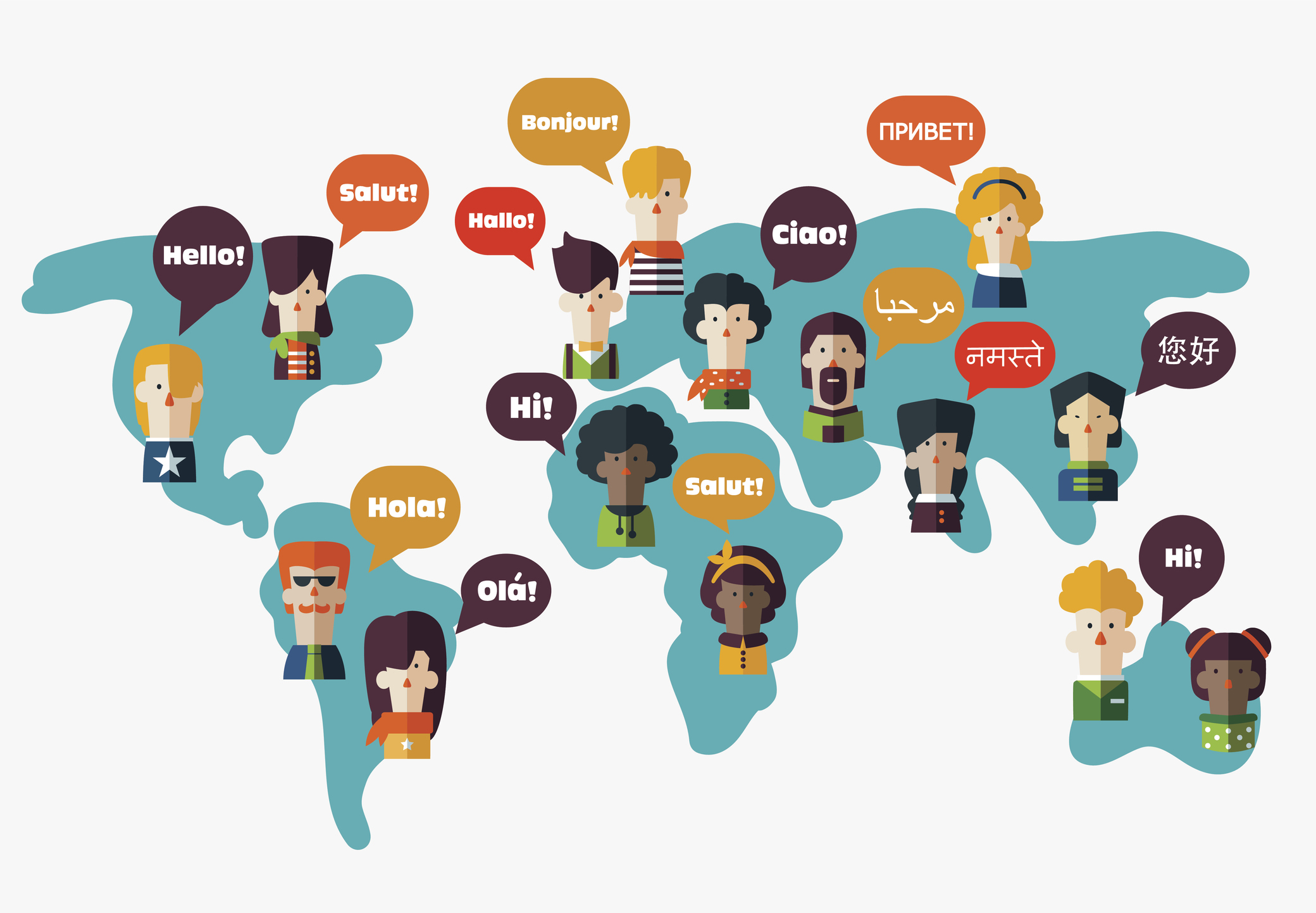 Map with people saying hello in different languages
