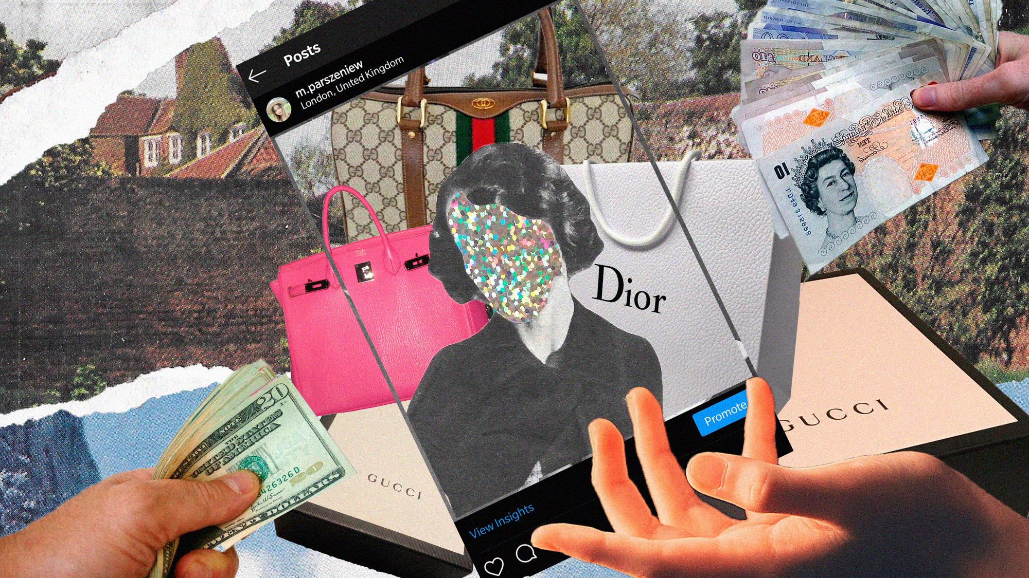 Photoshopped image of money, Gucci and Dior boxes, bags, a lady on Instagram screen