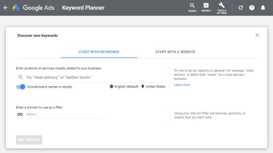 Google Keyword Planner front page