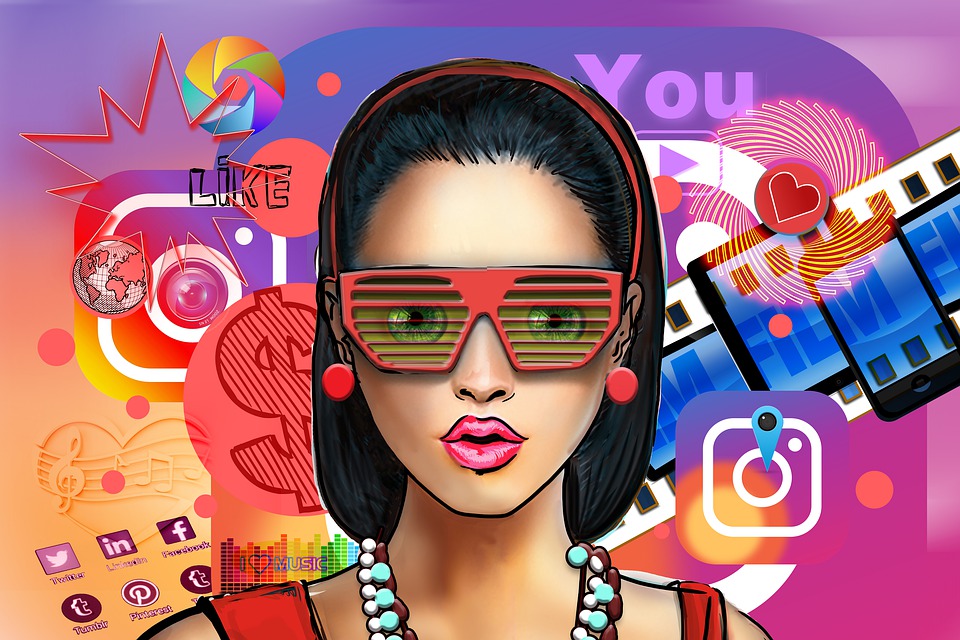 Digital graphics of an influencer wearing a red top, red earrings and eyegasses with colorful Instragram background