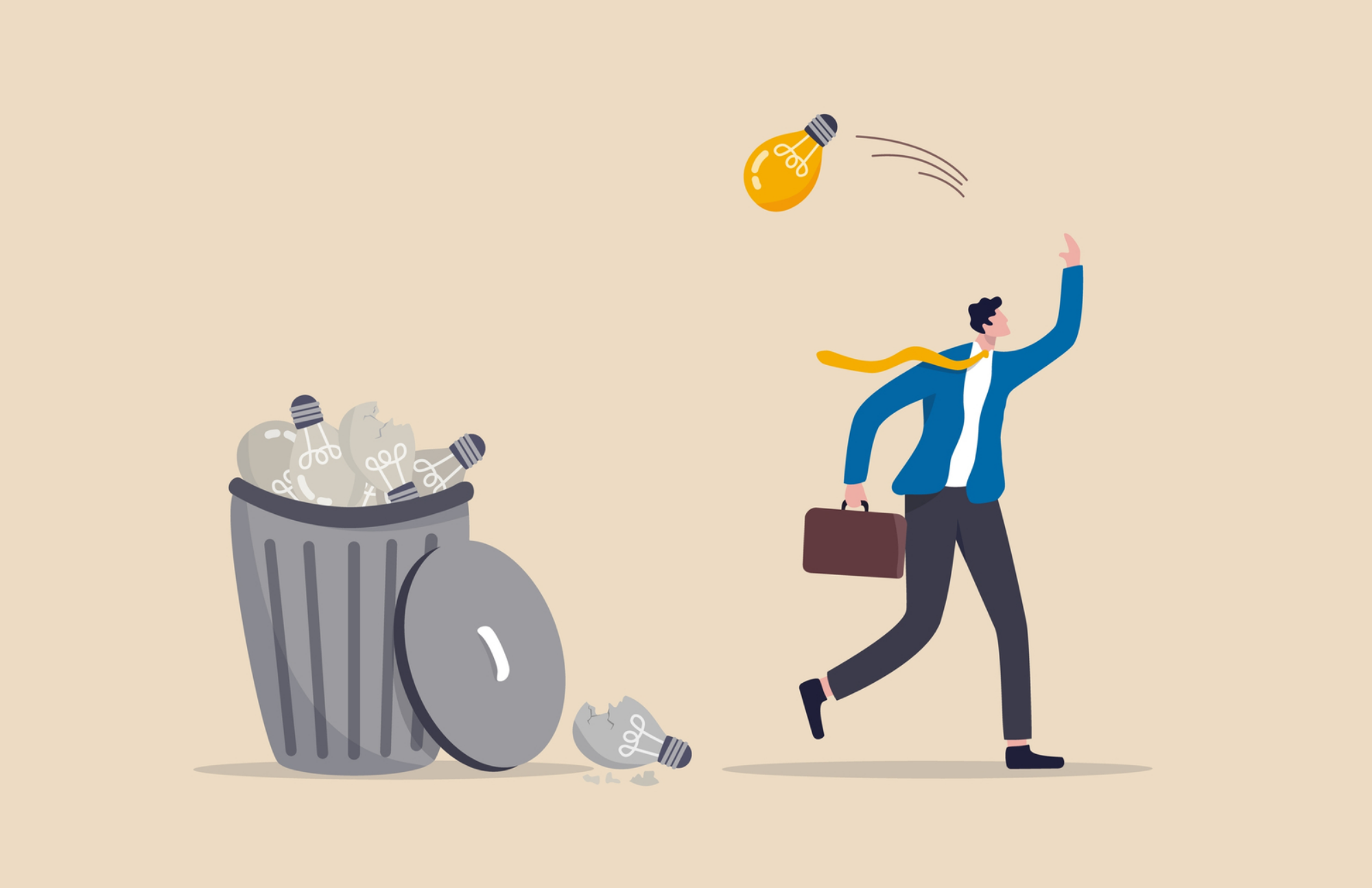 A businessman throws multiple bulbs into the trash, representing useless contents