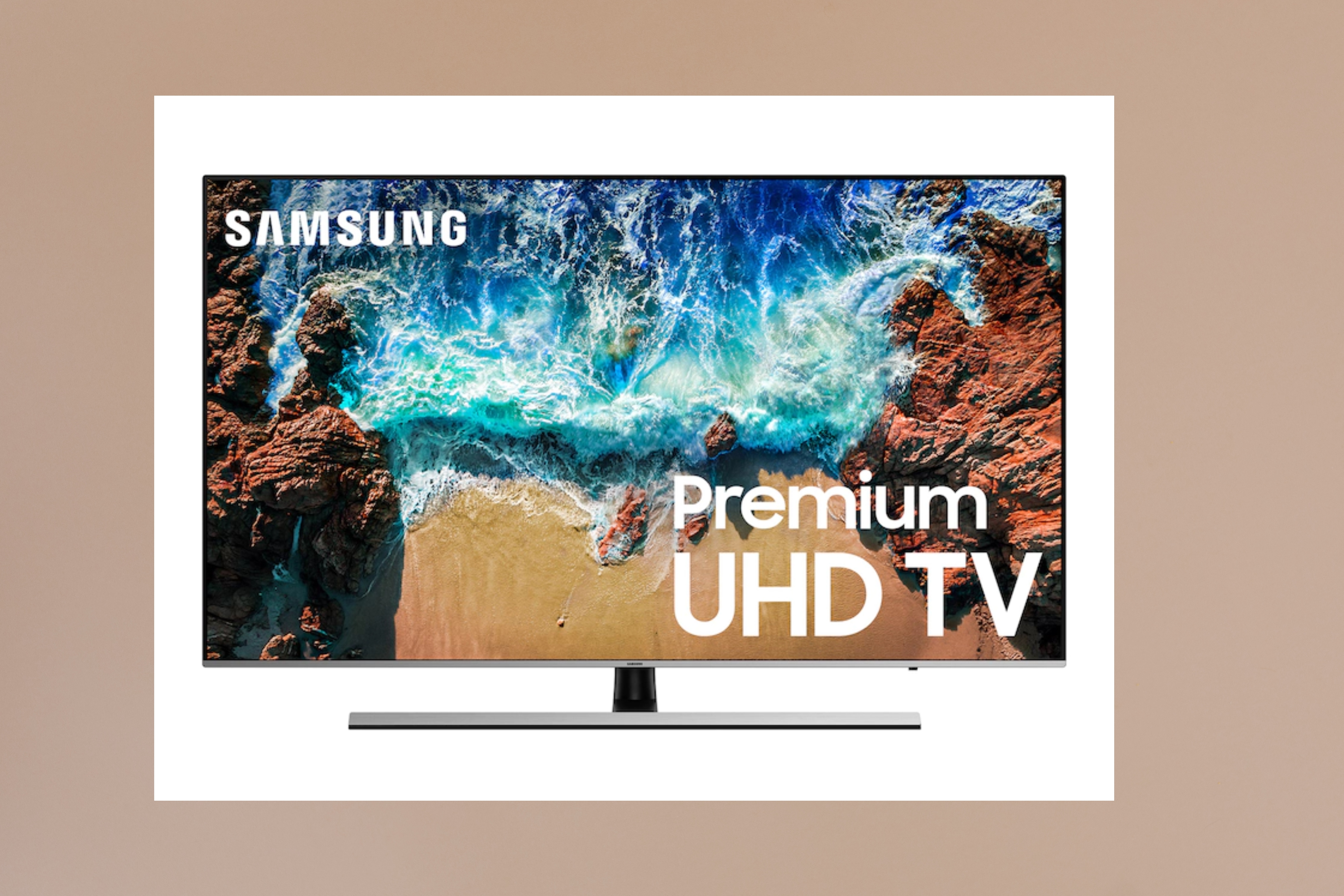Samsung UHD Premium TV on a white and orange background