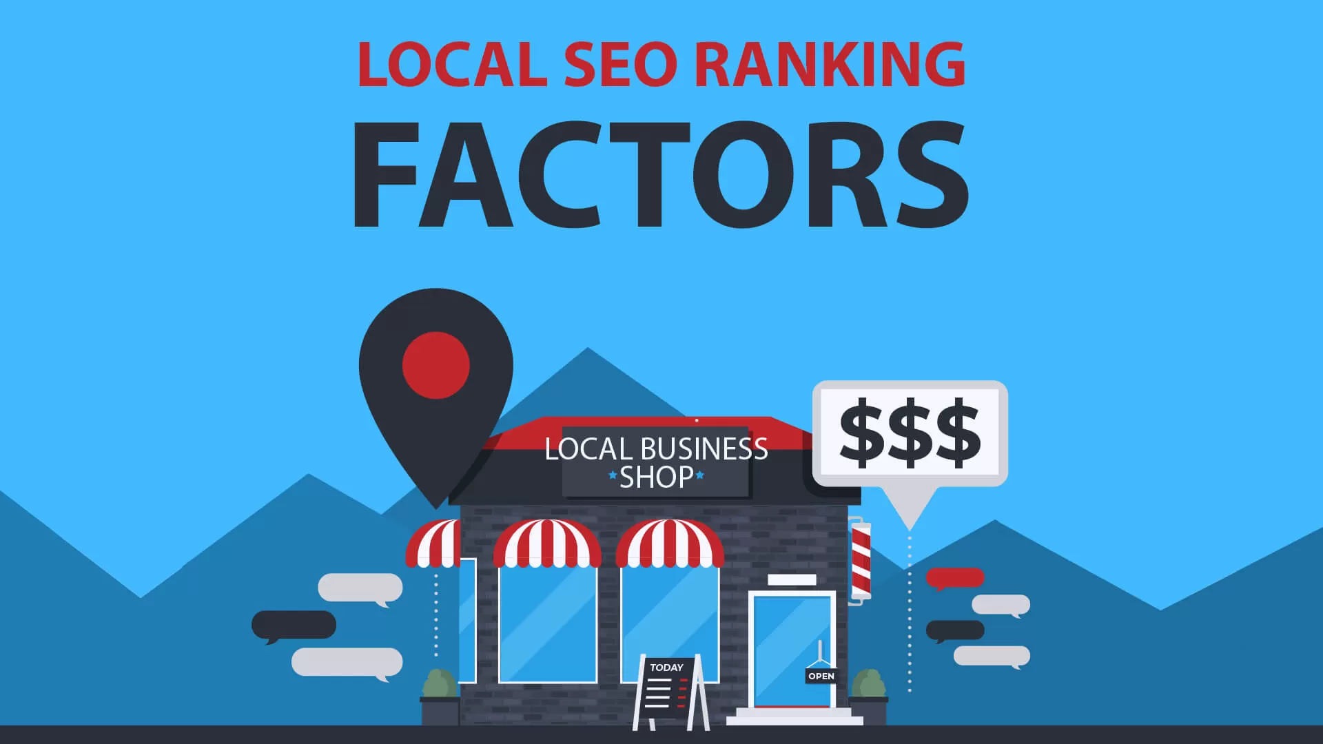 Words local seo ranking factors, a shop, map pin, and dollar signs
