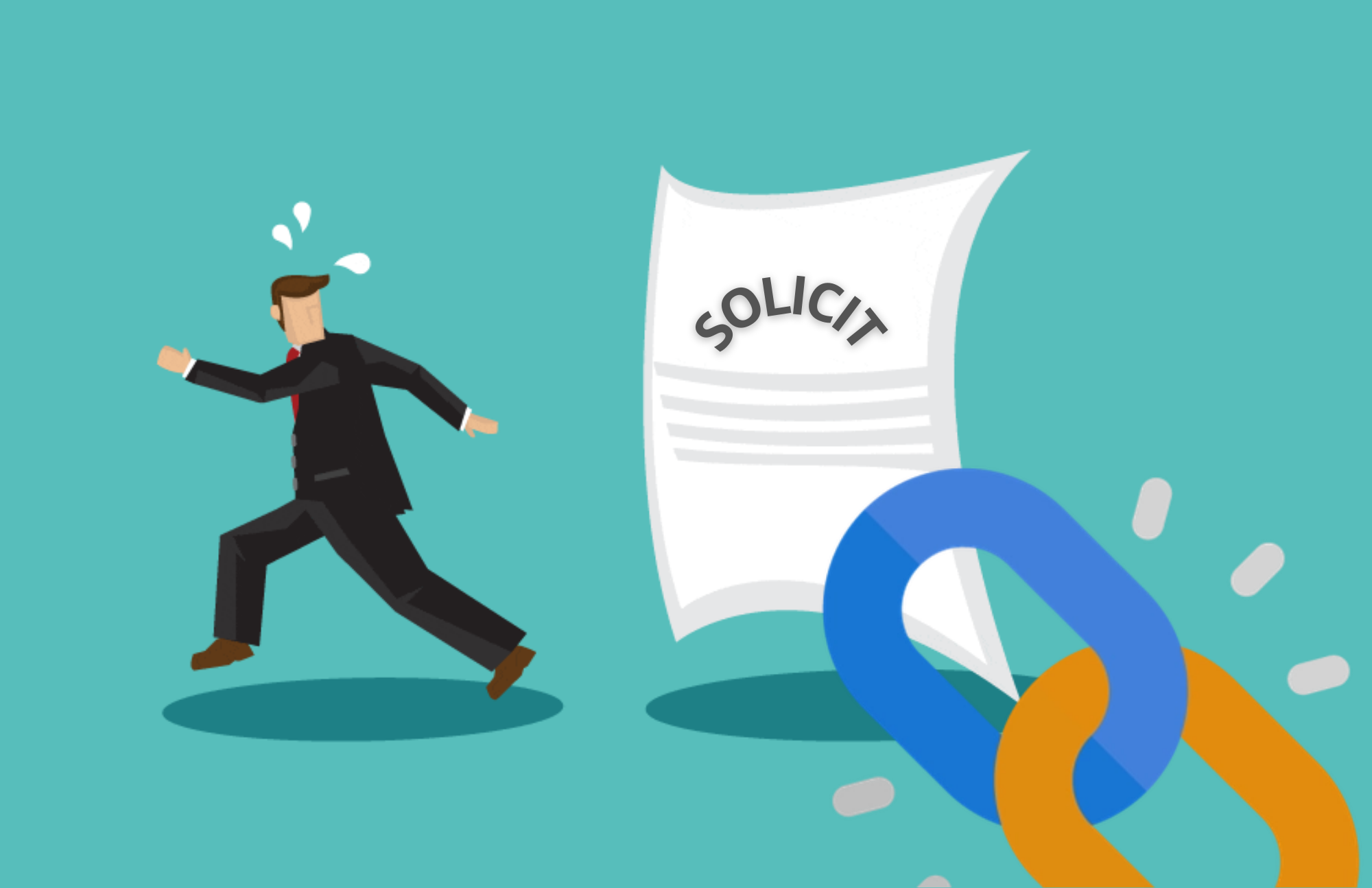 A man in a fancy suit escaping the paper with the word "solicit" and a backlinks logo