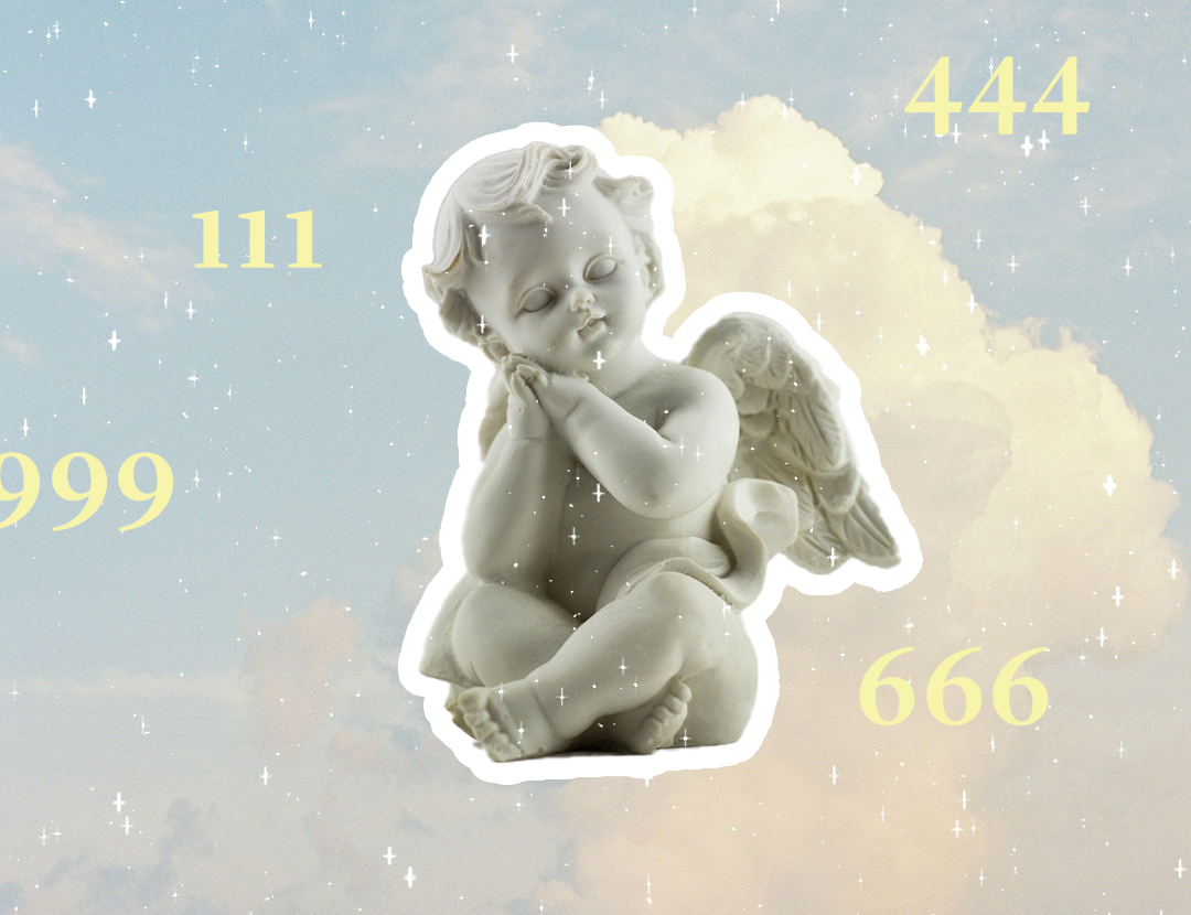 An angel sticker with clouds as a background and numbers 666, 111, 444, and 999
