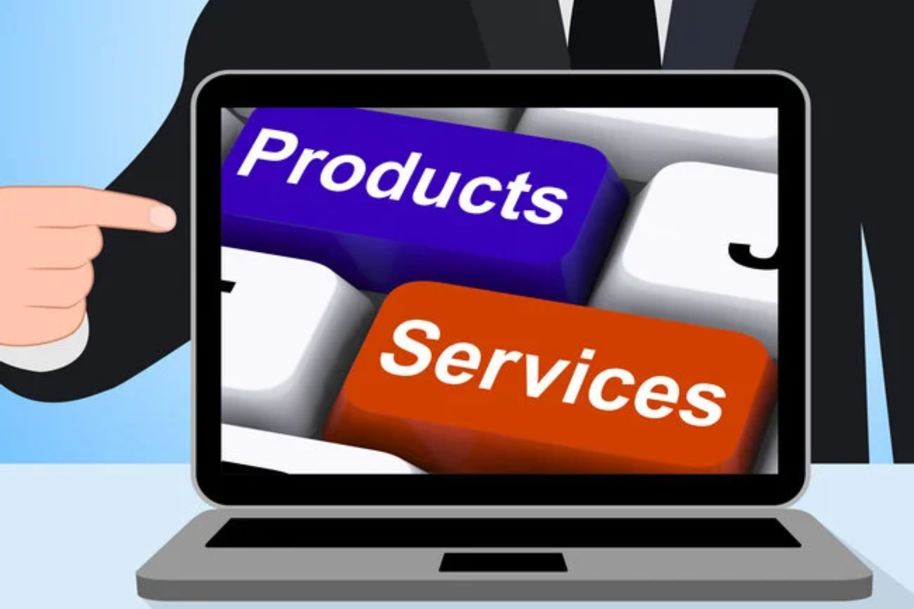 A businessman's finger points to a laptop screen with "Products" and "Services" buttons