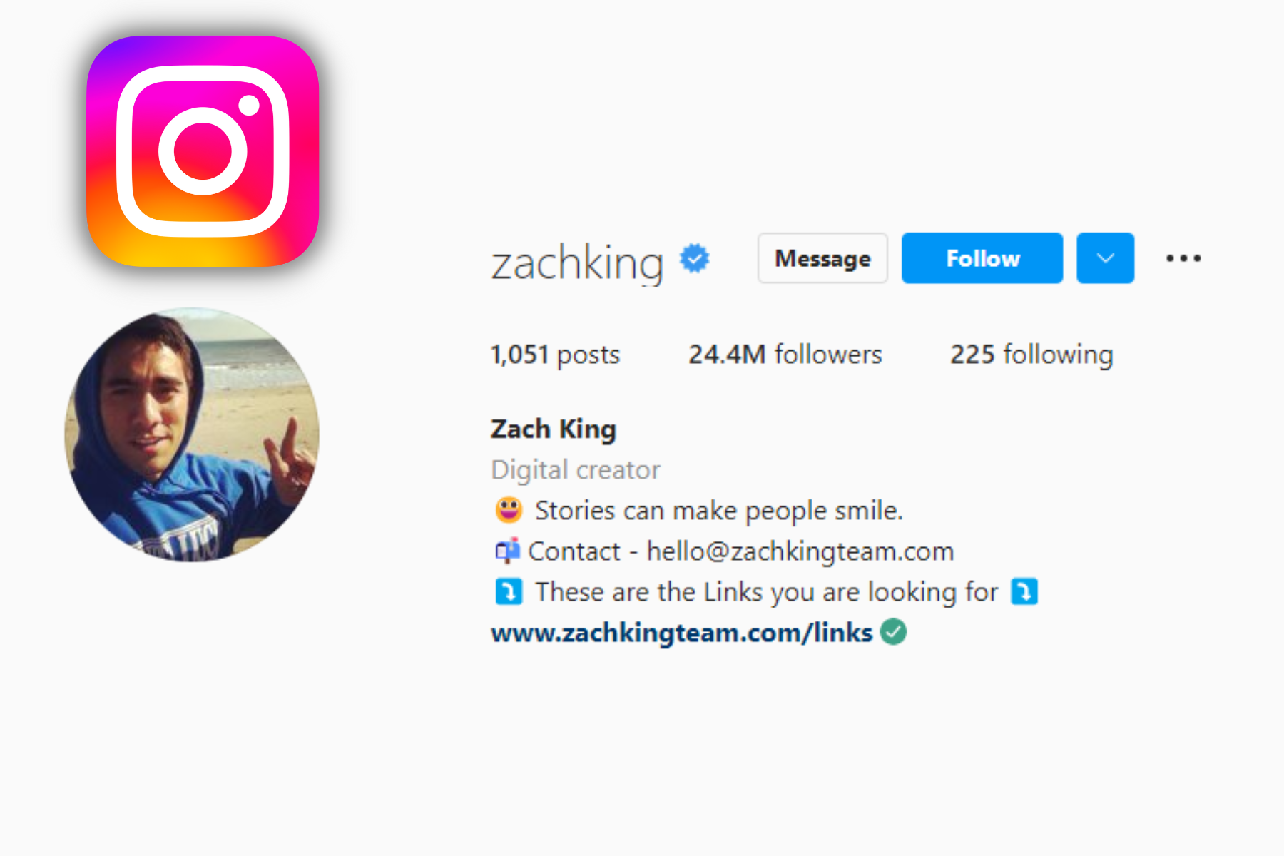 Zach King's Instagram account with 24.4 million followers
