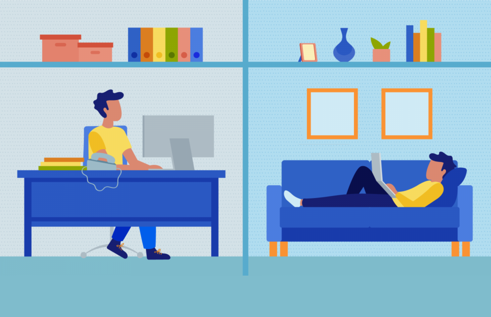 On the left, a man working at home, and on the right, the same person laying on a sofa while continuing to work.